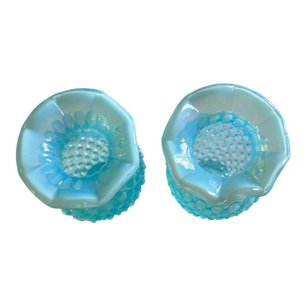 Vintage Pair-Fenton Blue Hobnail Ruffled Opalescent Glass Miniature Vases #13
